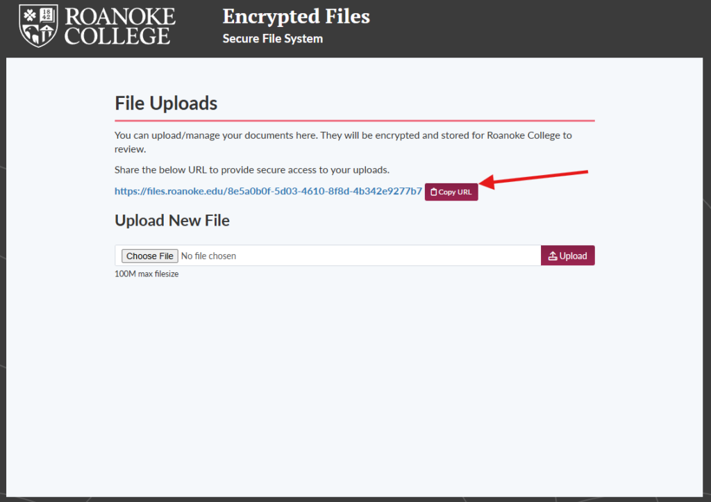 A screenshot of the files.roanoke.edu application, with an arrow pointing to the URL that must be shared in order to access the secure files.