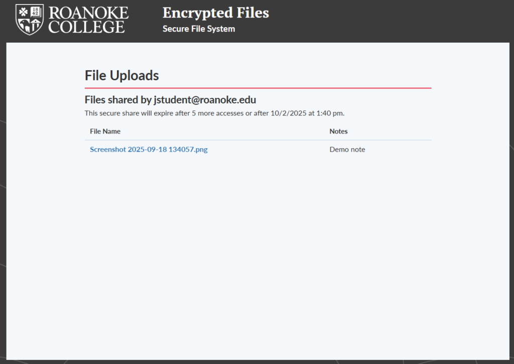 A screenshot of the files.roanoke.edu application, showing the page you will see after receiving a secure URL.