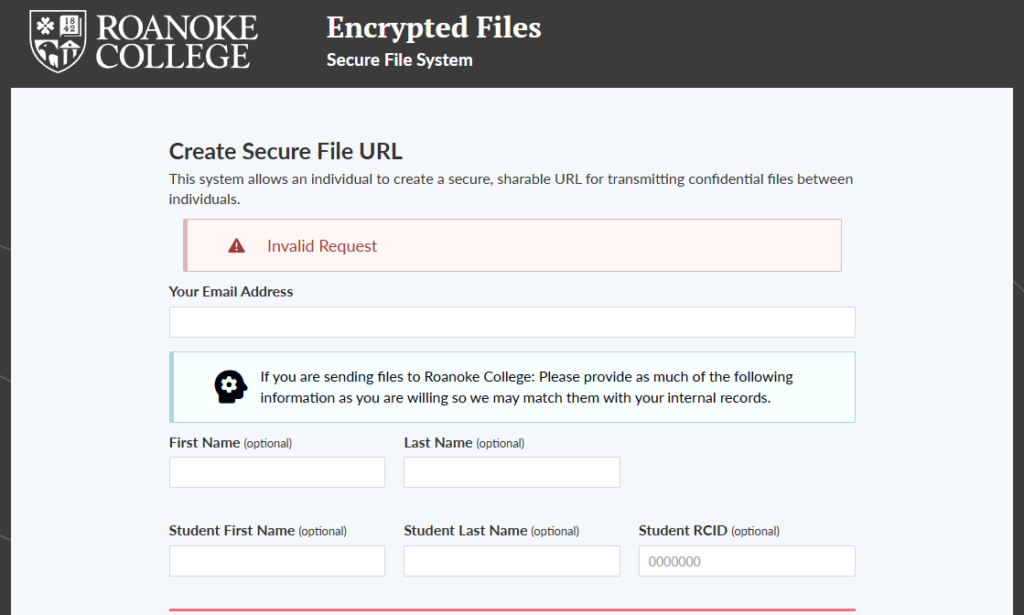 A screenshot of the files.roanoke.edu application demonstrating the Invalid Request warning that appears for invalid or expired links.
